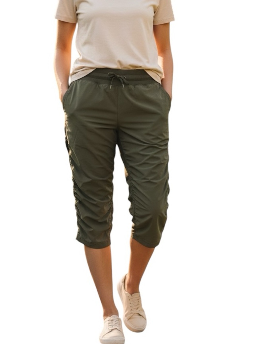 Kirkland Signature Ruched Sides Active Capris Pants Olive Green Drawstring  L